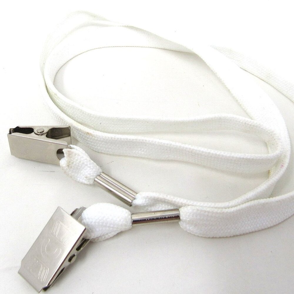 White Fabric Lanyard 2 Silver Clips Name Badge Card Holder 36 in